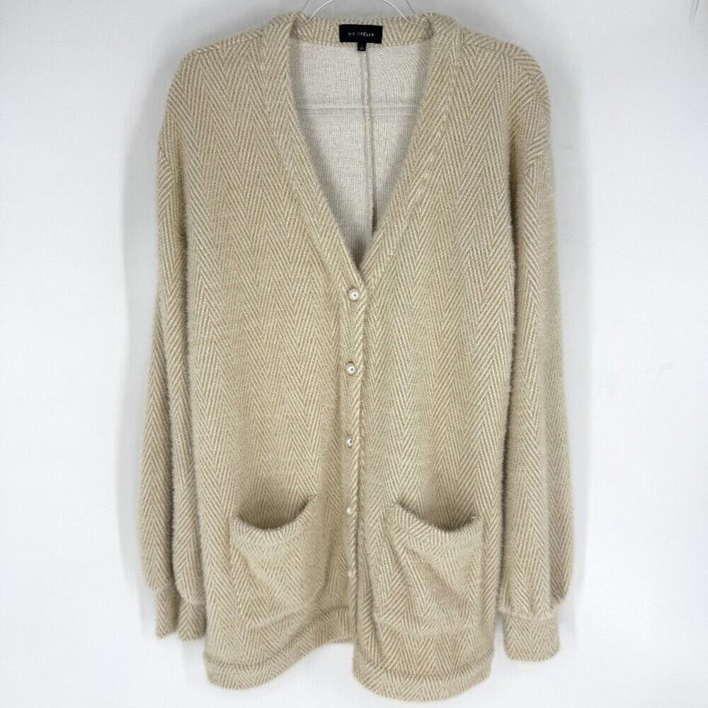 Majorelle Fuzzy Cardigan with Pearl Buttons‎ Cream Tan Chevron Size Medium